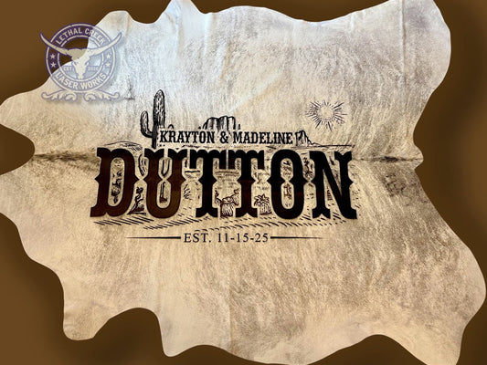 The Legacy Custom Cowhide -  custom laser engraved cowhide and leather western decor by Lethal Creek Laser Works LLC
