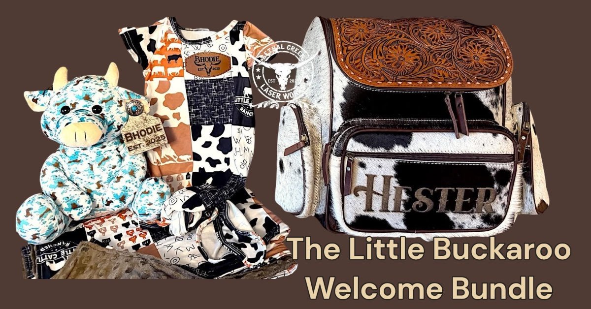 The Little Buckaroo Welcome Bundle -  custom laser engraved cowhide and leather western decor by Lethal Creek Laser Works LLC