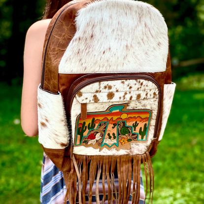 Thunderbird Backpack -  custom laser engraved cowhide and leather western decor by Lethal Creek Laser Works LLC