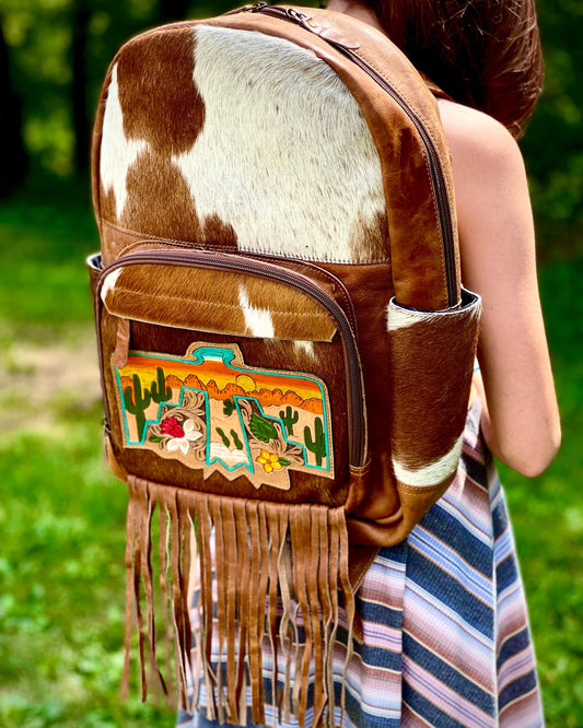 Thunderbird Backpack -  custom laser engraved cowhide and leather western decor by Lethal Creek Laser Works LLC