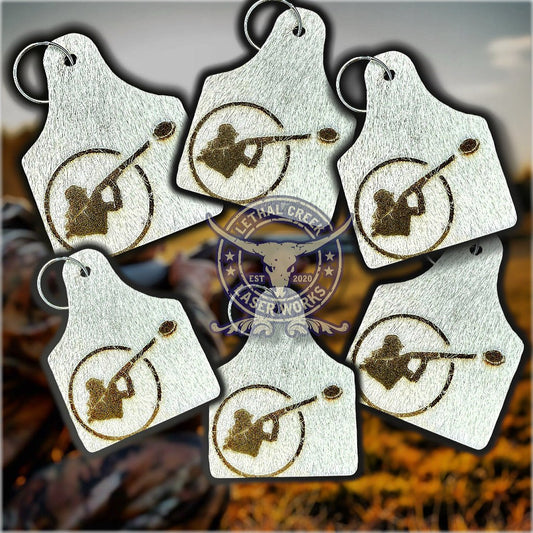 TRAP SHOOTING TAG -  custom laser engraved cowhide and leather western decor by Lethal Creek Laser Works LLC