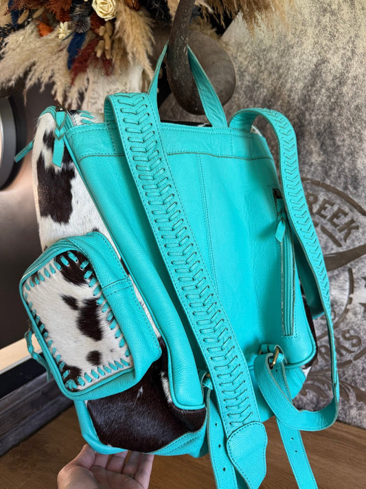 Turquoise Leather & Cowhide Western Backpack -  custom laser engraved cowhide and leather western decor by Lethal Creek Laser Works LLC