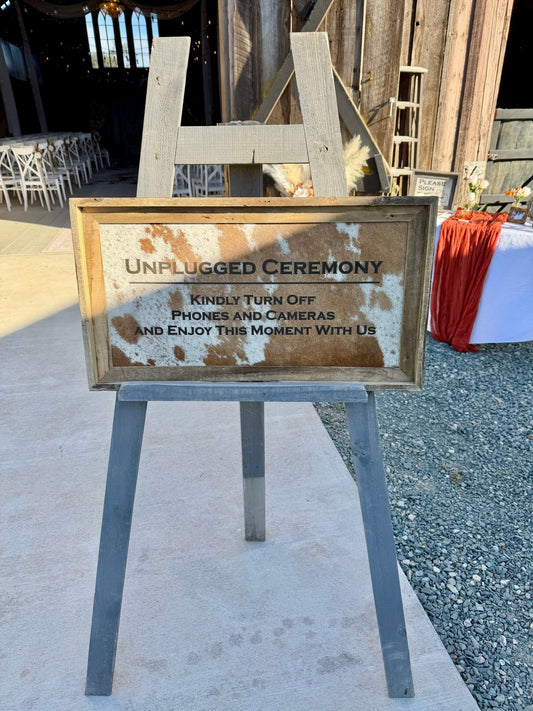 Unplugged Ceremony Rustic Frame with personalized laser engraved cowhide and leather sign