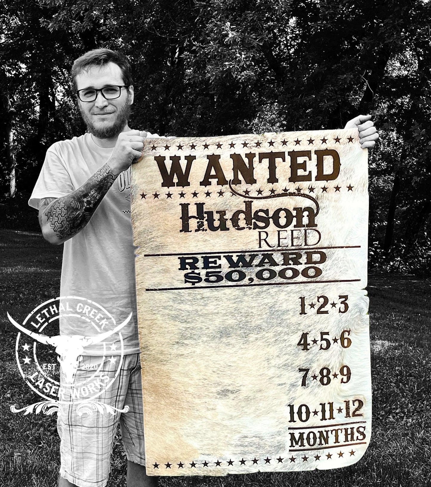 WANTED BABY COWHIDE -  custom laser engraved cowhide and leather western decor by Lethal Creek Laser Works LLC