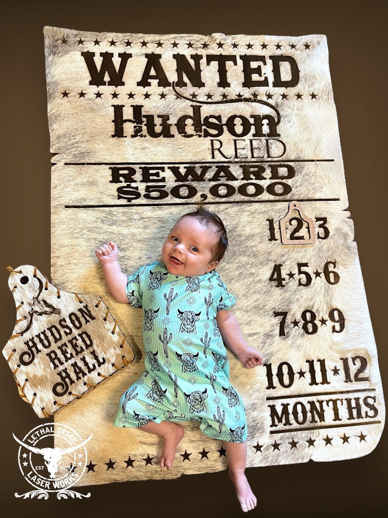 WANTED BABY COWHIDE -  custom laser engraved cowhide and leather western decor by Lethal Creek Laser Works LLC