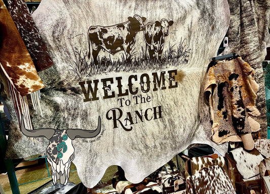 WELCOME TO THE RANCH COWHIDE -  custom laser engraved cowhide and leather western decor by Lethal Creek Laser Works LLC