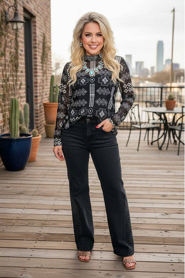 Western chic aztec sheer women botuique top GJQ17238 -  custom laser engraved cowhide and leather western decor by Lethal Creek Laser Works LLC