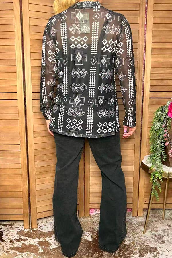Western chic aztec sheer women botuique top GJQ17238 -  custom laser engraved cowhide and leather western decor by Lethal Creek Laser Works LLC