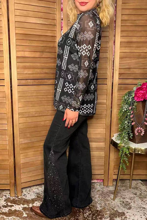 Western chic aztec sheer women botuique top GJQ17238 -  custom laser engraved cowhide and leather western decor by Lethal Creek Laser Works LLC