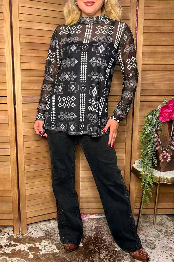 Western chic aztec sheer women botuique top GJQ17238 -  custom laser engraved cowhide and leather western decor by Lethal Creek Laser Works LLC