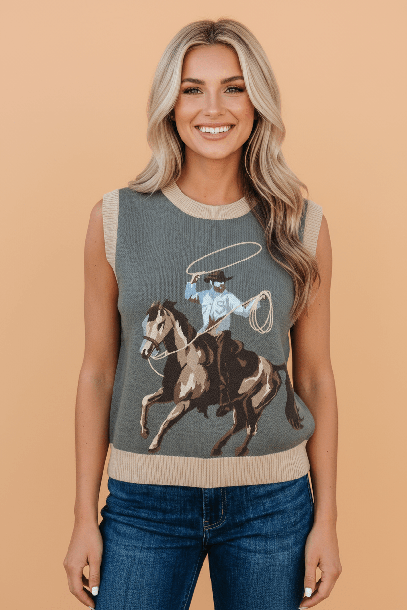 Western Colorblock Sleeveless Knit Top -  custom laser engraved cowhide and leather western decor by Lethal Creek Laser Works LLC