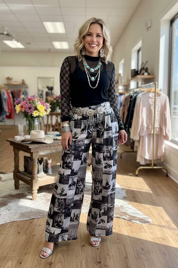 Western cowboy patchwork women's boutique pant GJQ17275 -  custom laser engraved cowhide and leather western decor by Lethal Creek Laser Works LLC