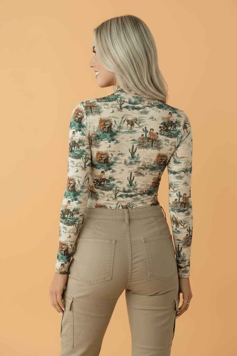 Western Long Sleeve Round Neck Slim Top -  custom laser engraved cowhide and leather western decor by Lethal Creek Laser Works LLC