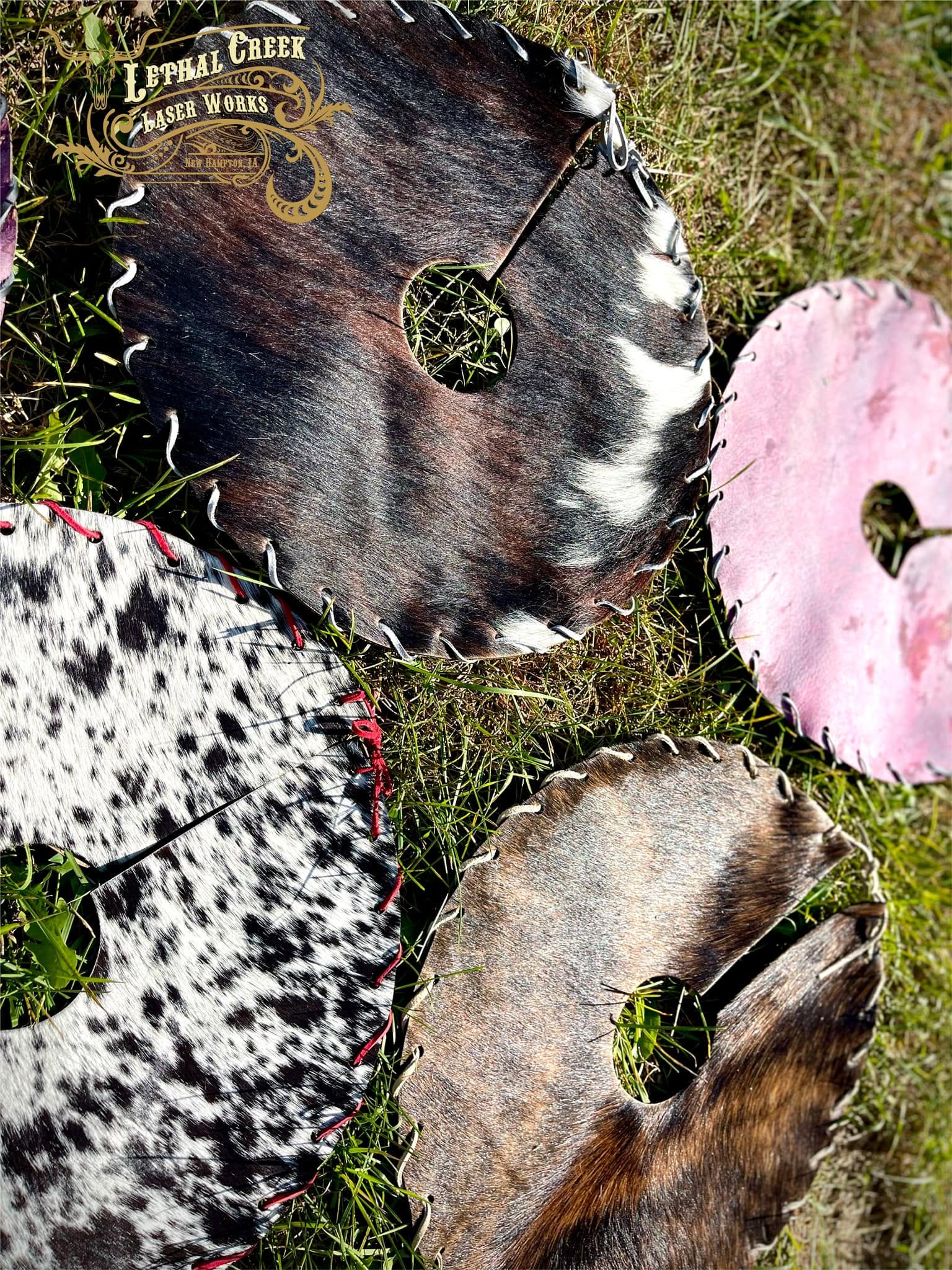 Western mini Christmas tree skirts handmade from assorted genuine cowhide