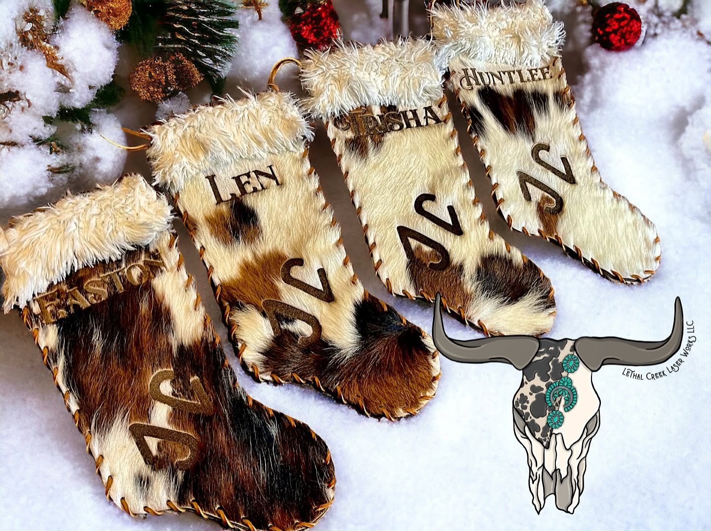 Four cowhide Christmas stockings with faux fur trim, personalized names and brand design.