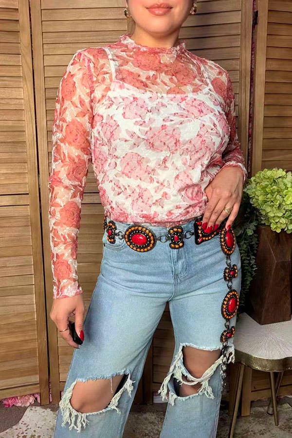 Western pink rose sheer lace women's boutique top XCH17439 -  custom laser engraved cowhide and leather western decor by Lethal Creek Laser Works LLC