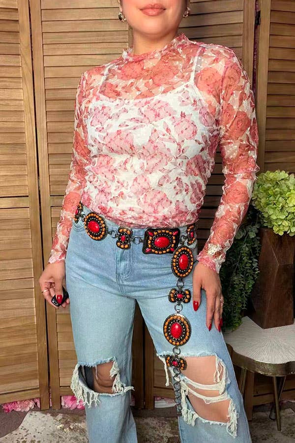 Western pink rose sheer lace women's boutique top XCH17439 -  custom laser engraved cowhide and leather western decor by Lethal Creek Laser Works LLC