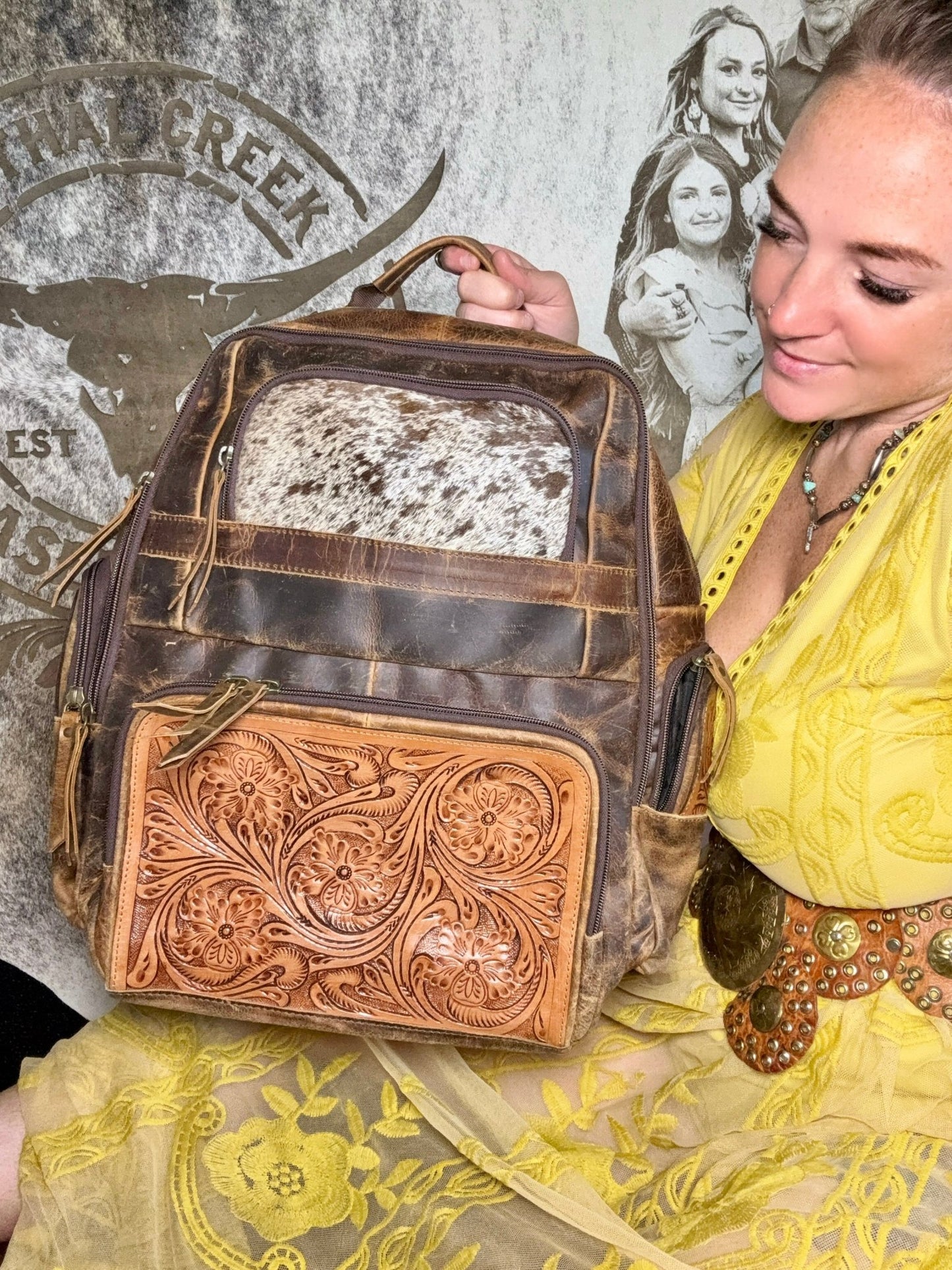 Western Tooled Leather Backpack | Laptop, Travel & Diaper Bag -  custom laser engraved cowhide and leather western decor by Lethal Creek Laser Works LLC