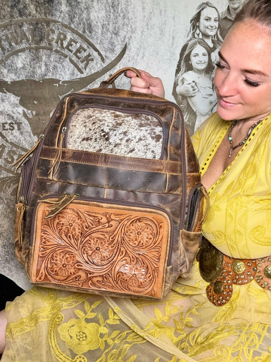 Western Tooled Leather Backpack | Laptop, Travel & Diaper Bag -  custom laser engraved cowhide and leather western decor by Lethal Creek Laser Works LLC
