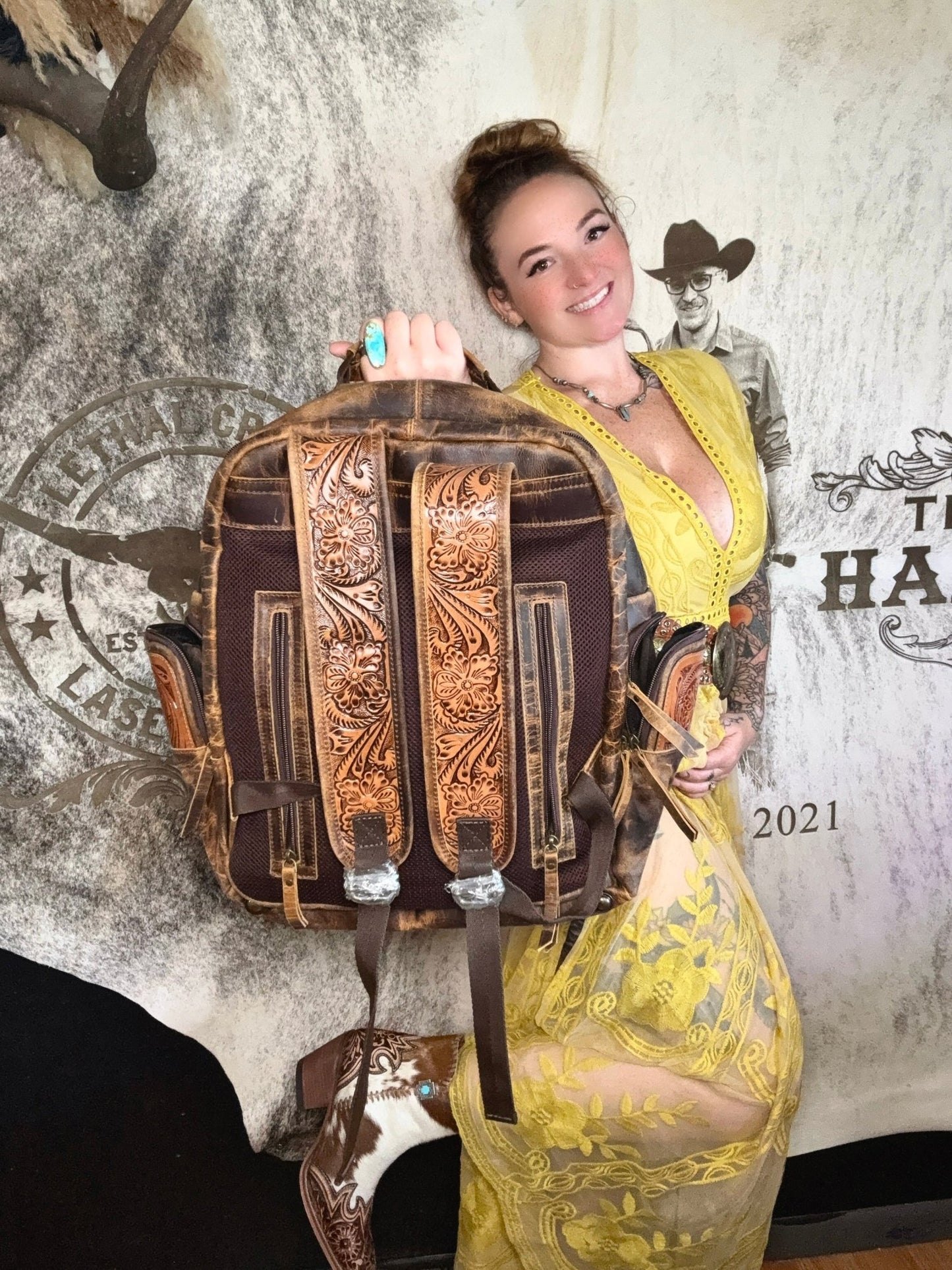 Western Tooled Leather Backpack | Laptop, Travel & Diaper Bag -  custom laser engraved cowhide and leather western decor by Lethal Creek Laser Works LLC