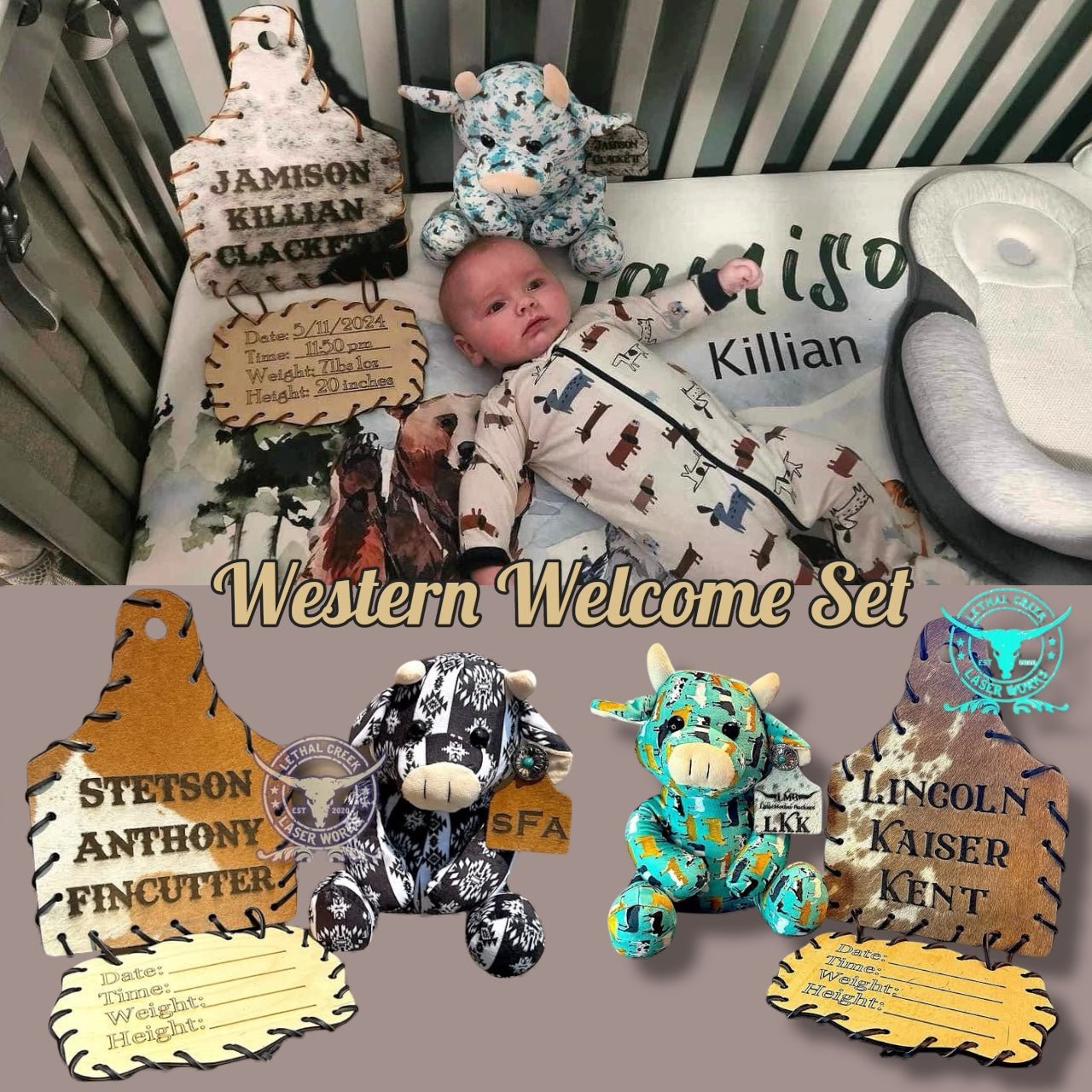 Western Welcome Set -  custom laser engraved cowhide and leather western decor by Lethal Creek Laser Works LLC