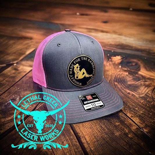 Whiskey Made for the Rambling Spirit Trucker Hats -  custom laser engraved cowhide and leather western decor by Lethal Creek Laser Works LLC