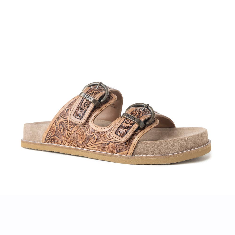 Willow Bloom Handtooled Leather Sandals in Ashen Brown -  custom laser engraved cowhide and leather western decor by Lethal Creek Laser Works LLC
