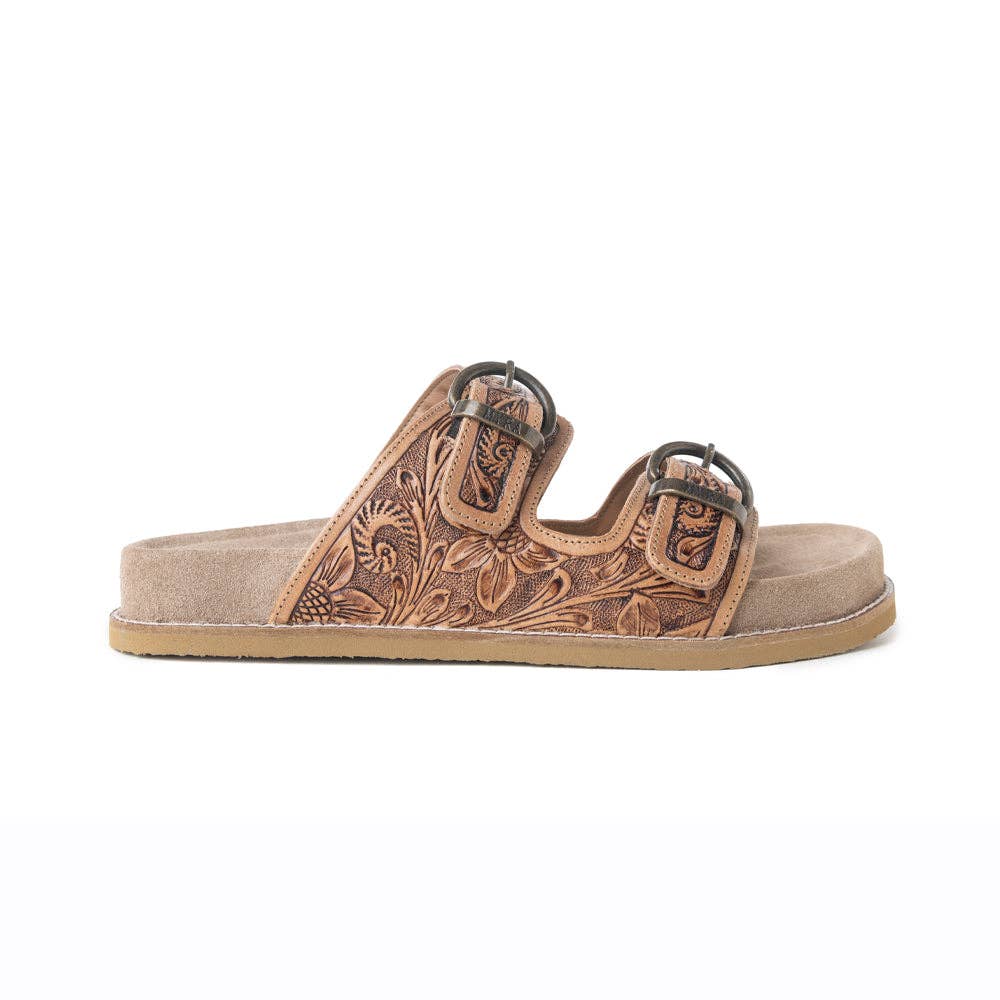 Willow Bloom Handtooled Leather Sandals in Ashen Brown -  custom laser engraved cowhide and leather western decor by Lethal Creek Laser Works LLC