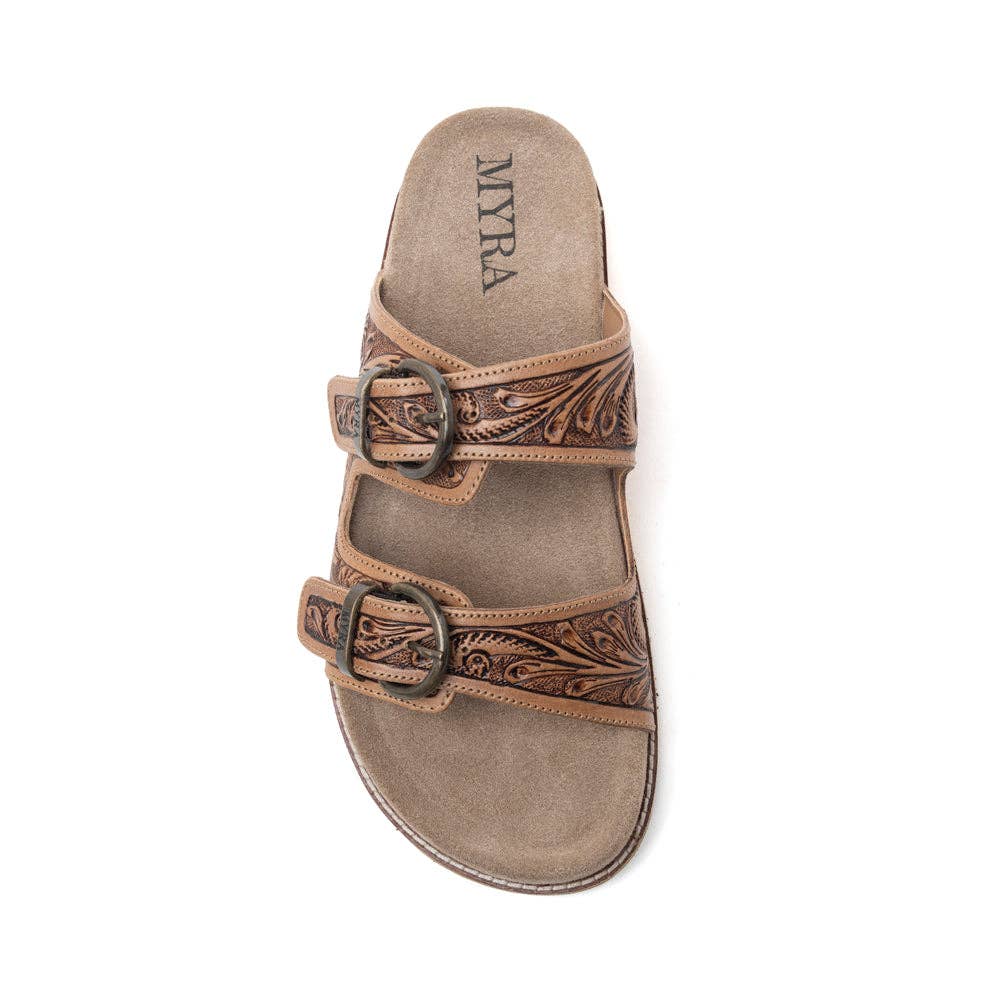 Willow Bloom Handtooled Leather Sandals in Ashen Brown -  custom laser engraved cowhide and leather western decor by Lethal Creek Laser Works LLC