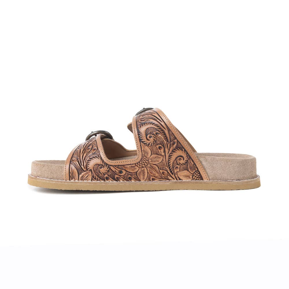 Willow Bloom Handtooled Leather Sandals in Ashen Brown -  custom laser engraved cowhide and leather western decor by Lethal Creek Laser Works LLC