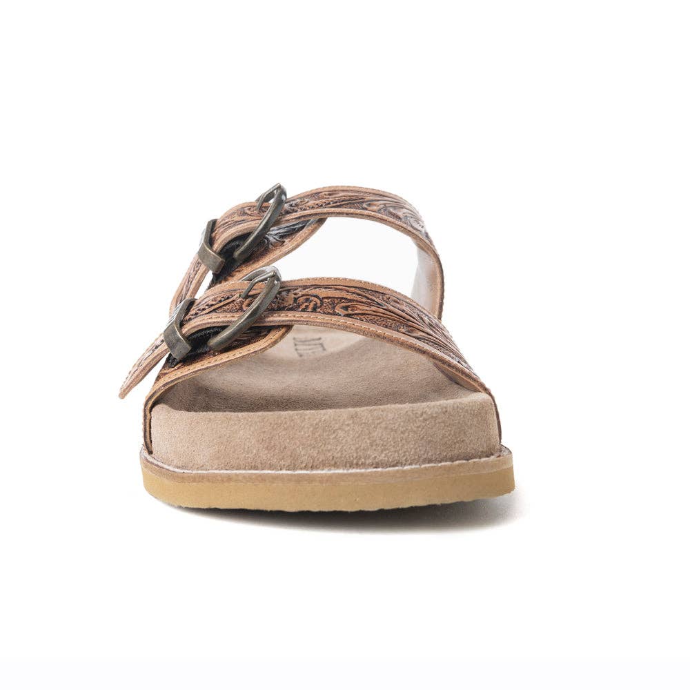 Willow Bloom Handtooled Leather Sandals in Ashen Brown -  custom laser engraved cowhide and leather western decor by Lethal Creek Laser Works LLC