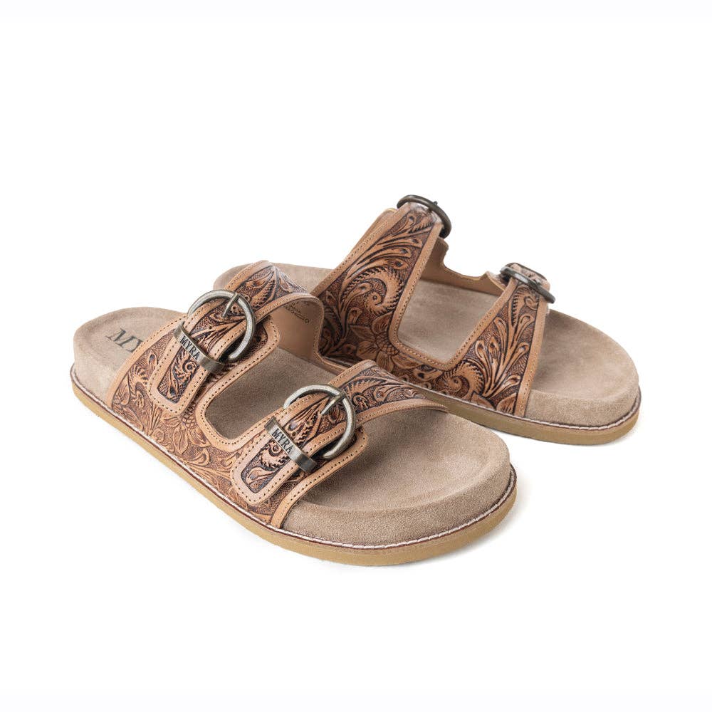 Willow Bloom Handtooled Leather Sandals in Ashen Brown -  custom laser engraved cowhide and leather western decor by Lethal Creek Laser Works LLC