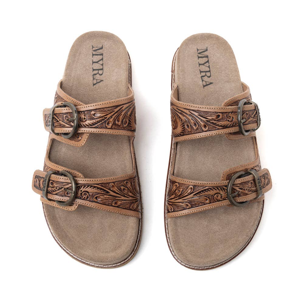Willow Bloom Handtooled Leather Sandals in Ashen Brown -  custom laser engraved cowhide and leather western decor by Lethal Creek Laser Works LLC