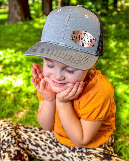 Youth Trucker Hat -  custom laser engraved cowhide and leather western decor by Lethal Creek Laser Works LLC